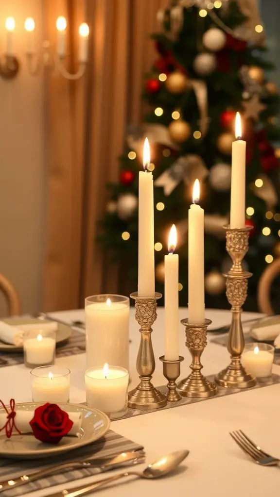 A beautifully arranged dining table with candles, a red rose, and a decorated Christmas tree in the background.