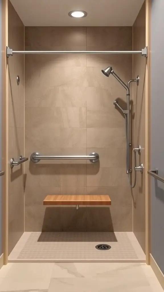 25+ Stunning Walk-In Shower Ideas with No Doors for a Sleek Bathroom Design 16 Accessible walk-in shower with grab bars and a wooden bench