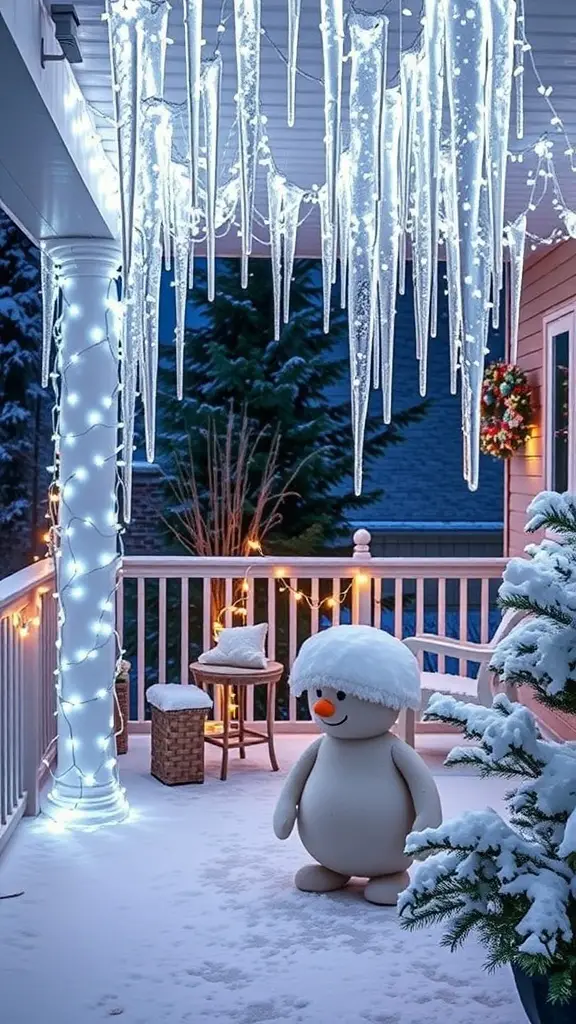 A winter patio decorated with LED icicle lights and a snowman.