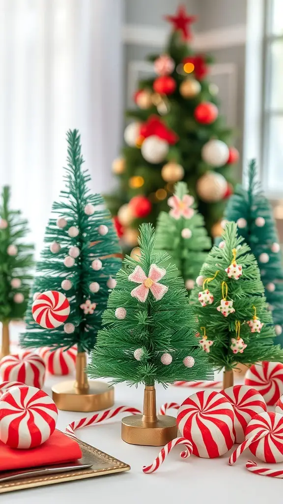 Mini peppermint trees with candy decorations on a festive table