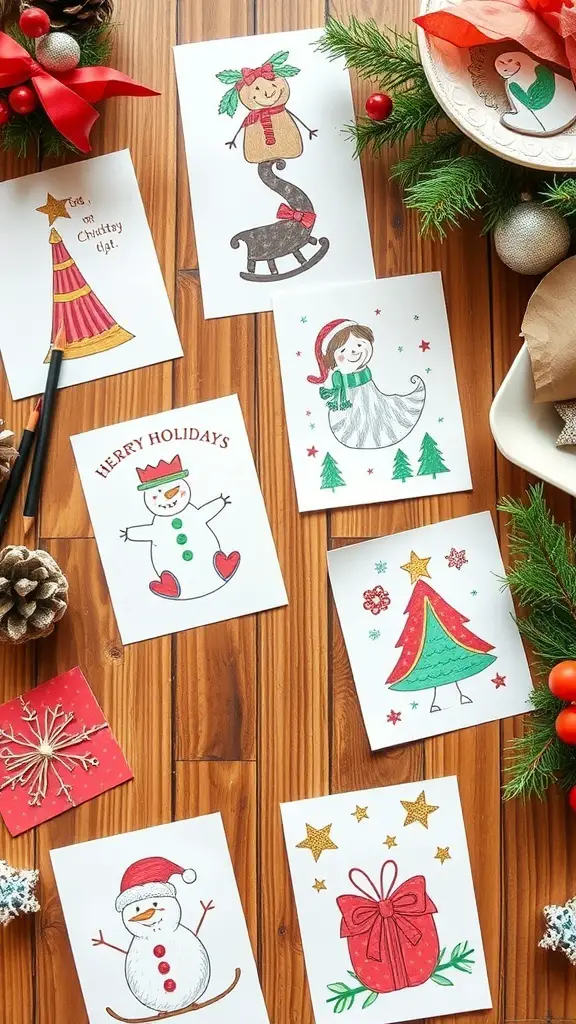A collection of colorful DIY holiday cards featuring festive designs like snowmen, Christmas trees, and gifts, surrounded by holiday decorations.