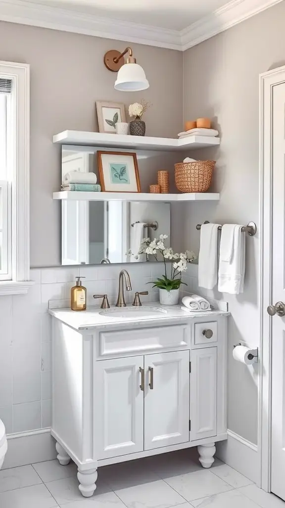 A corner bathroom vanity with open shelving, featuring white cabinetry, a marble countertop, and decorative items on the shelves.