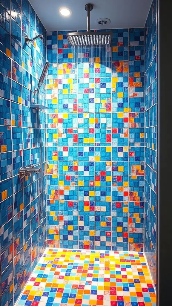 27+ Stunning Shower Tile Ideas to Transform Your Bathroom 12 A colorful shower with blue glass mosaic tiles and a vibrant floor design.