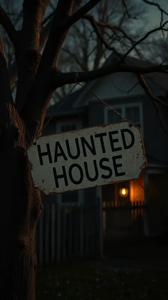A worn 'Haunted House' sign hanging from a tree, with a dimly lit house in the background.