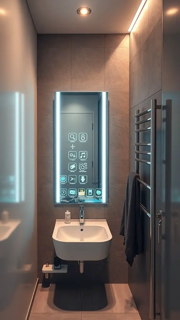 29+ Stunning Vertical Mirror Ideas to Transform Your Narrow Bathroom 16 A narrow bathroom featuring a modern smart mirror with technology features.
