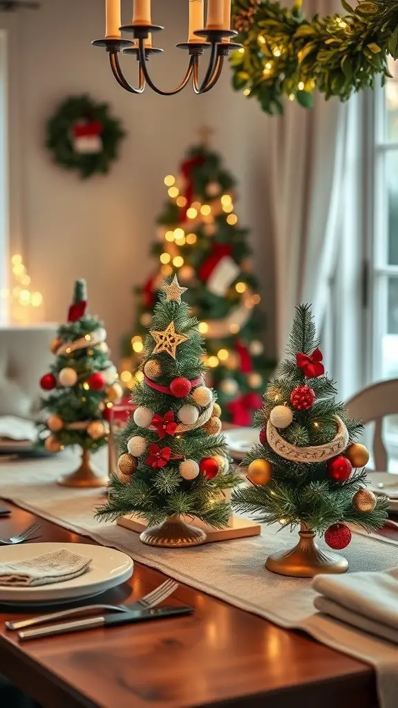 A festive dining table with decorated tabletop Christmas trees, creating a warm holiday atmosphere.