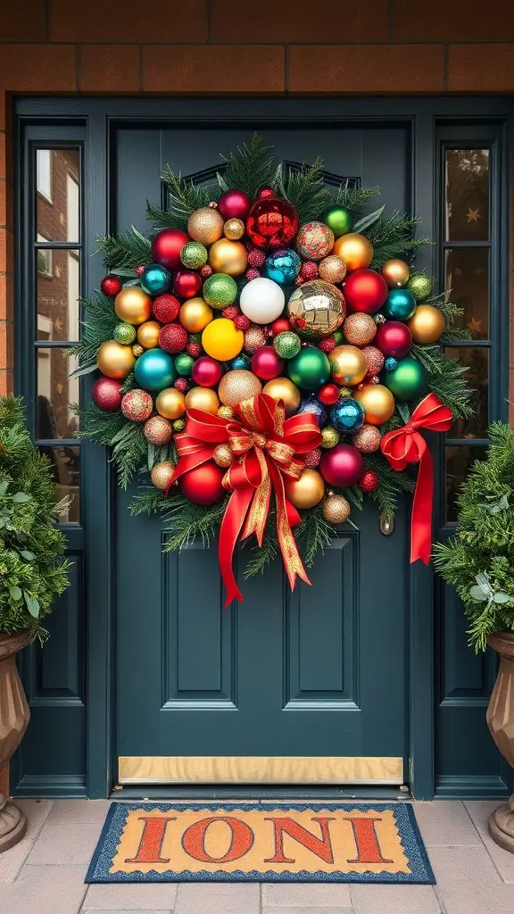 25+ Festive Christmas Swags Ideas for Your Front Door 8 A front door decorated with a colorful swag of ornaments and a large red ribbon.