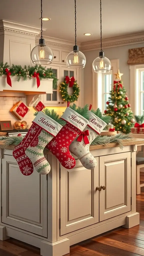 Personalized Christmas stockings hanging on a kitchen island, decorated with festive patterns and names.