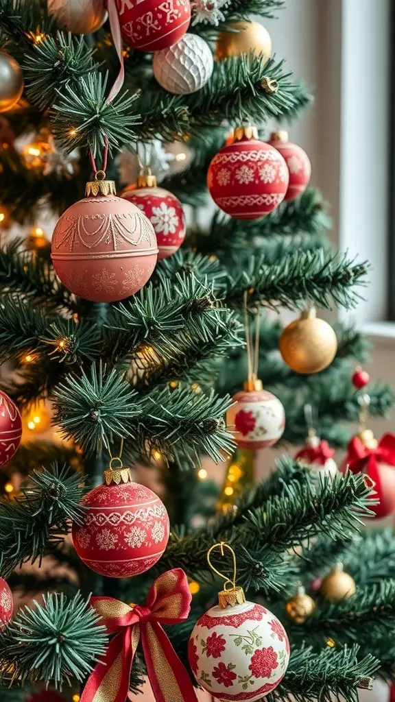 A close-up of a Christmas tree decorated with handmade ornaments in red, white, and gold.