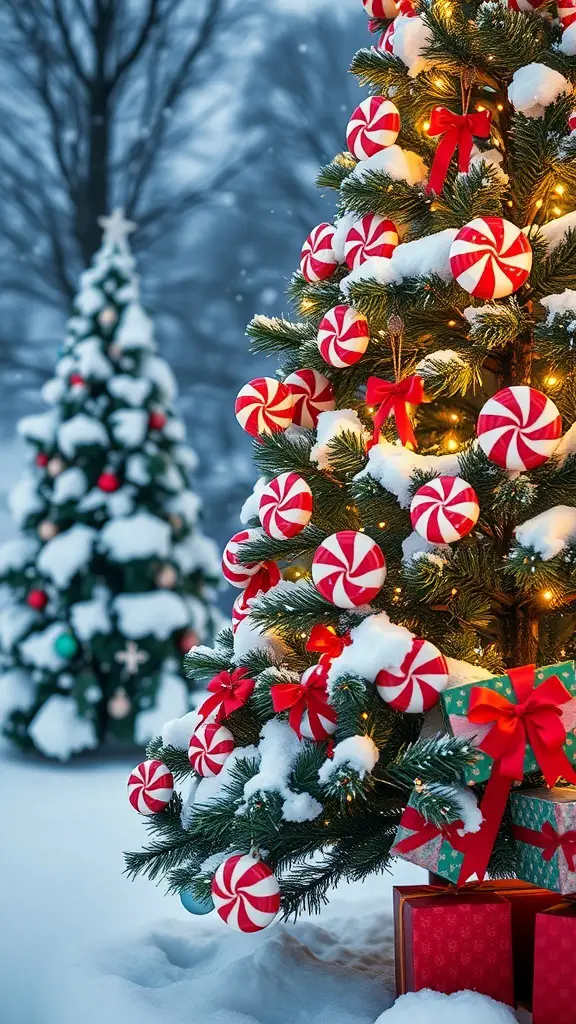 A peppermint-themed Christmas tree decorated with red and white ornaments, surrounded by snow and colorful gifts.