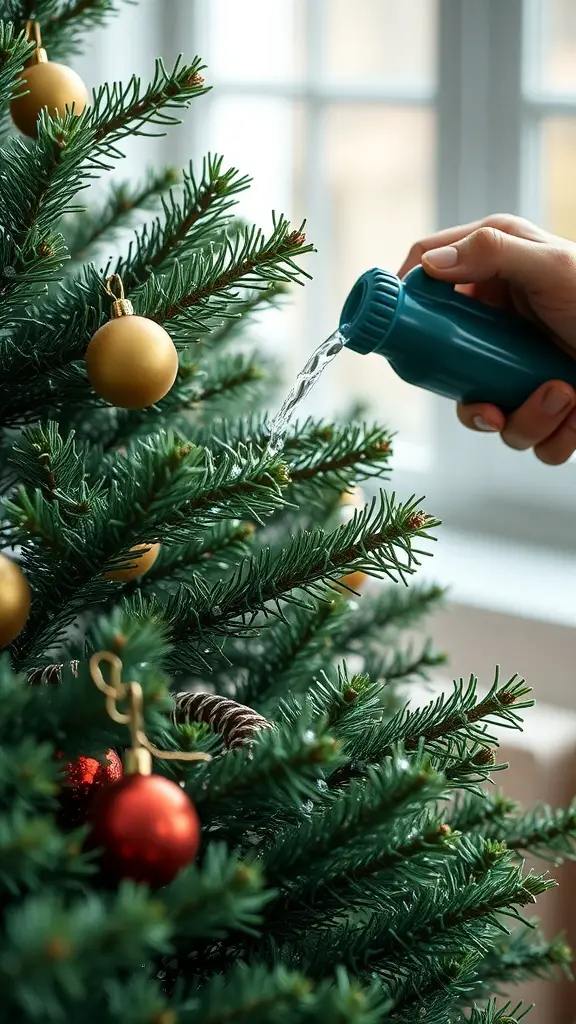 A person watering a decorated Christmas tree indoors