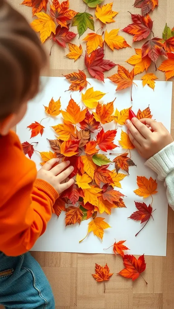 A child creating an autumn leaf collage with colorful leaves on a white paper.