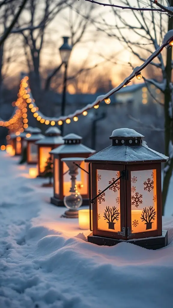 A row of lanterns glowing in the snow, decorated with winter-themed designs