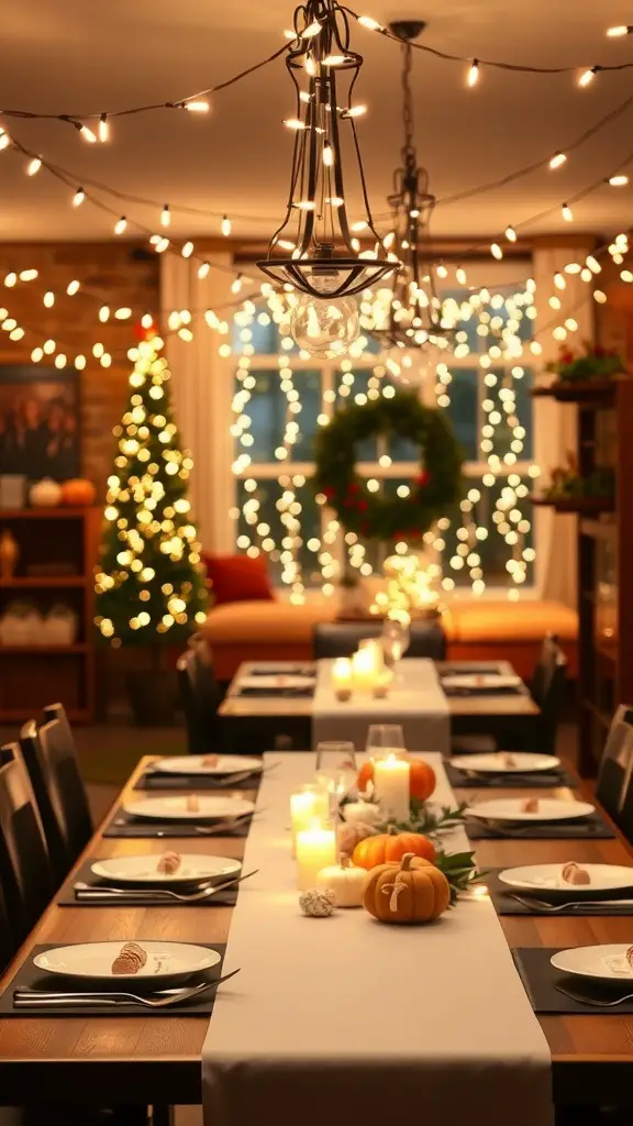 A beautifully decorated dining area with string lights creating a warm atmosphere for Thanksgiving.