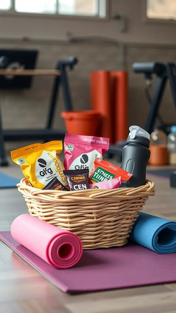 A wicker basket filled with fitness snacks and a water bottle, placed on yoga mats in a gym setting.