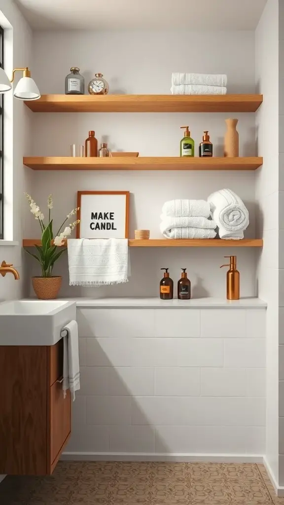 21+ Timeless Bathroom Ideas You’ll Love 11 A bathroom with functional open shelving displaying towels, bottles, and a plant.