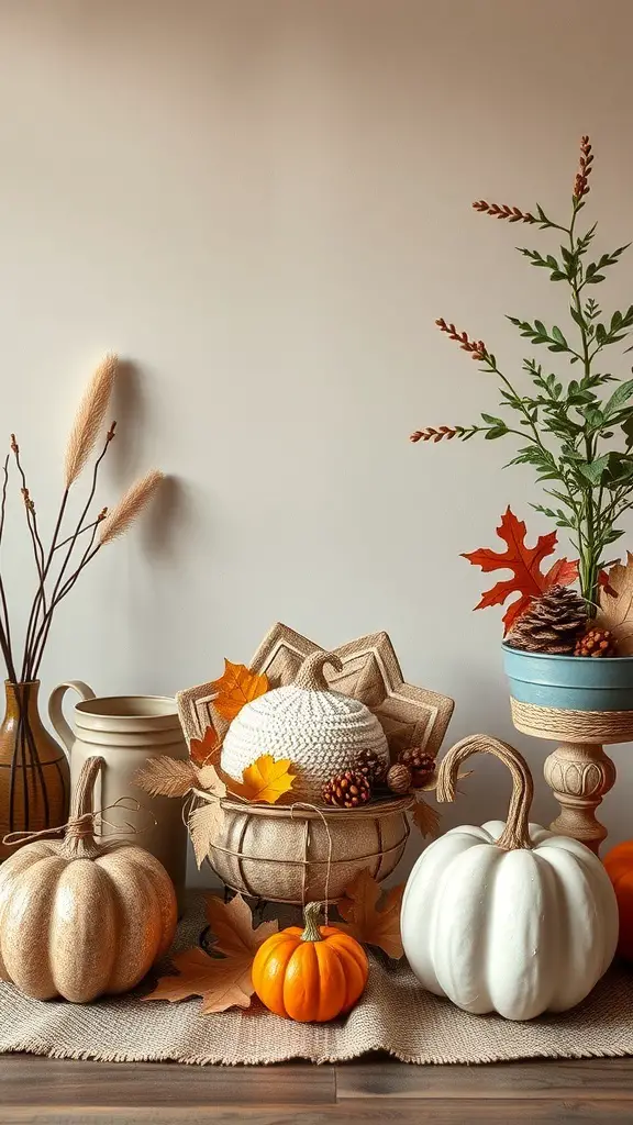 25+ Creative Thanksgiving Crafts for Adults 15 A cozy arrangement of upcycled Thanksgiving decor featuring pumpkins, leaves, and natural elements.