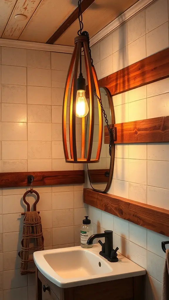 Wooden accent lighting fixture in a rustic bathroom setting