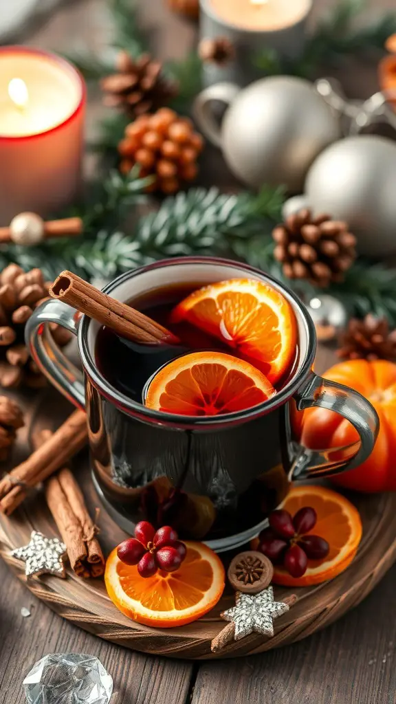 31+ Delightful Christmas Eve Food Ideas for a Festive Celebration 6 A cup of spiced mulled wine with orange slices and cinnamon sticks, surrounded by festive decorations.