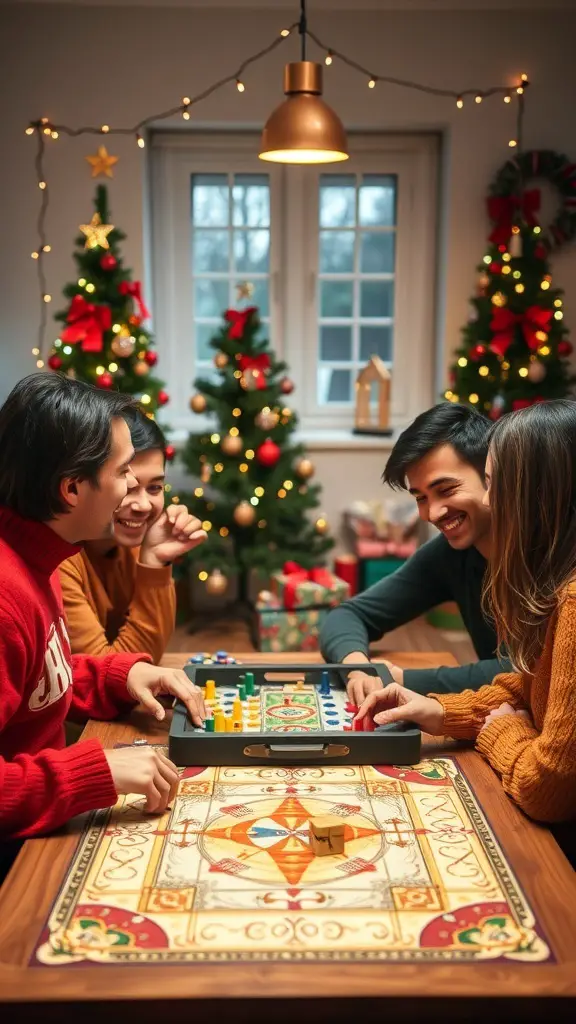 23+ Festive Christmas Event Ideas for a Joyous Celebration 14 A group of people enjoying a board game night during Christmas, surrounded by festive decorations.