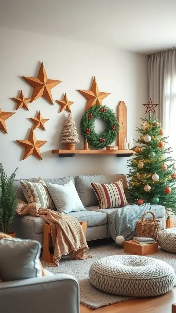 A cozy living room decorated with rustic wood decor for Christmas, featuring wooden stars, a wreath, and a small Christmas tree.