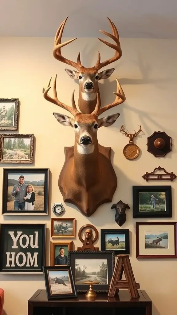 27+ Stunning Deer Mount Wall Arrangements for Every Home 12 A wall arrangement featuring deer mounts and family photos, creating a personalized decor.
