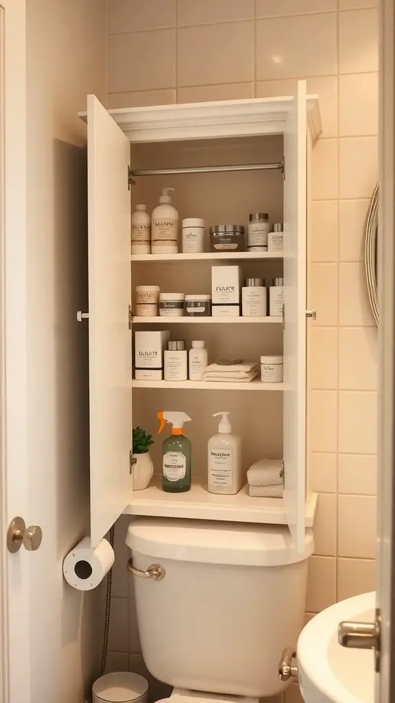 25+ Stylish Bathroom Corner Cabinets for Every Space 6 A white corner cabinet above a toilet, filled with neatly arranged toiletries and cleaning supplies.