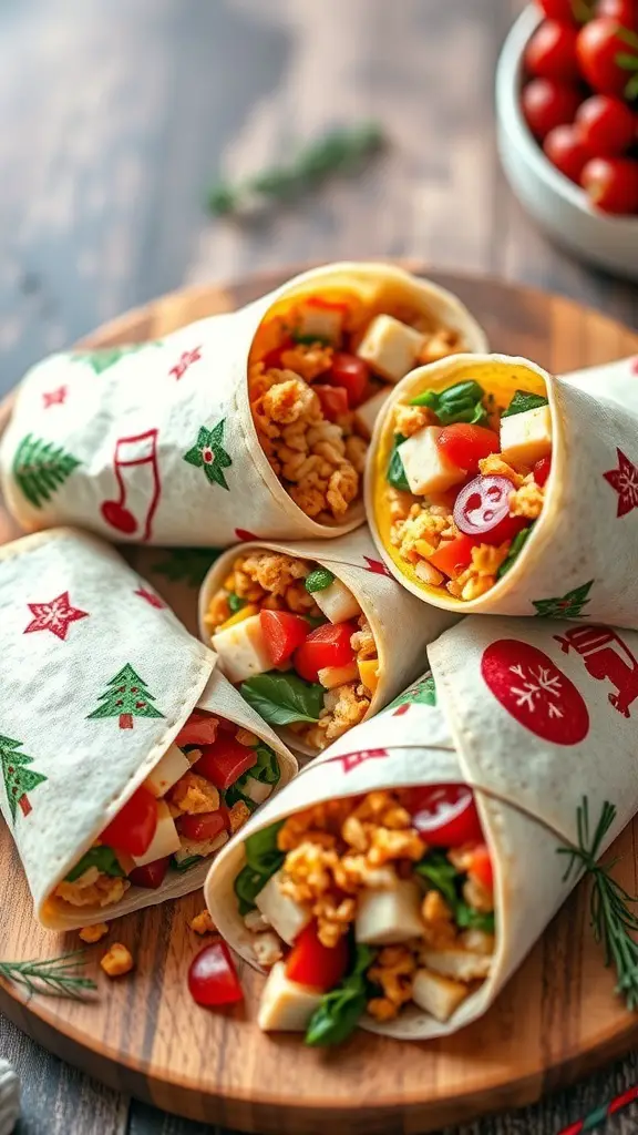 23+ Creative Christmas Breakfast Ideas That Kids Will Love 15 Colorful holiday themed breakfast burritos wrapped in festive paper, filled with eggs, cheese, and vegetables.
