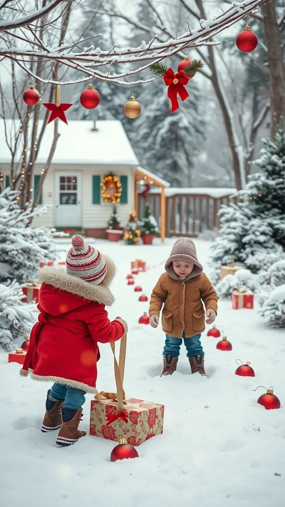 Children playing in a snowy yard decorated for Christmas with gifts and ornaments.