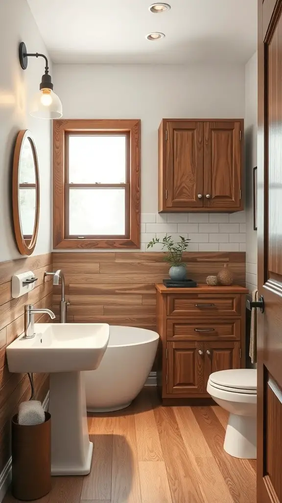 21+ Timeless Bathroom Ideas You’ll Love 12 A cozy bathroom featuring wooden accents, a round mirror, and modern fixtures.