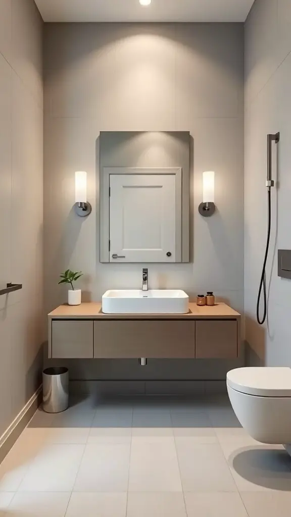 25+ Chic Half Bathroom Ideas to Refresh Your Space 7 A minimalist half bathroom featuring a wall-mounted sink, wooden vanity, and neutral colors.