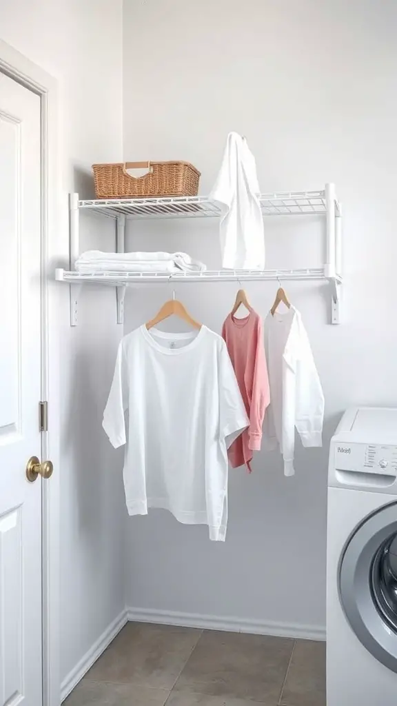 27+ Creative Small Space Solutions for Top Loader Laundry Rooms 6 A wall-mounted drying rack in a small laundry room with clothes hanging and a basket on a shelf.