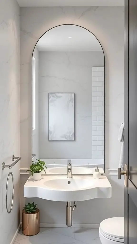 A modern bathroom featuring an arched mirror above a stylish sink, with light colors and plants for a fresh look.