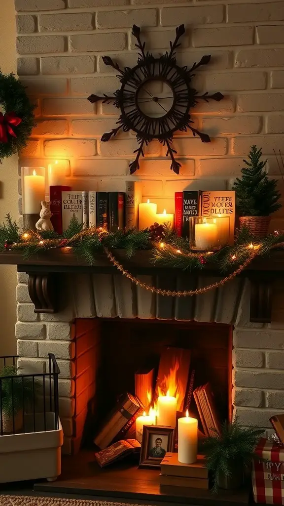 A cozy fireplace mantle decorated with books, candles, and holiday greenery.