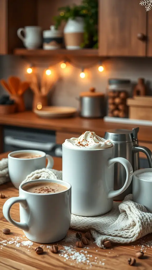 A cozy hot beverage bar featuring mugs of hot chocolate and coffee, topped with whipped cream and surrounded by festive decorations.