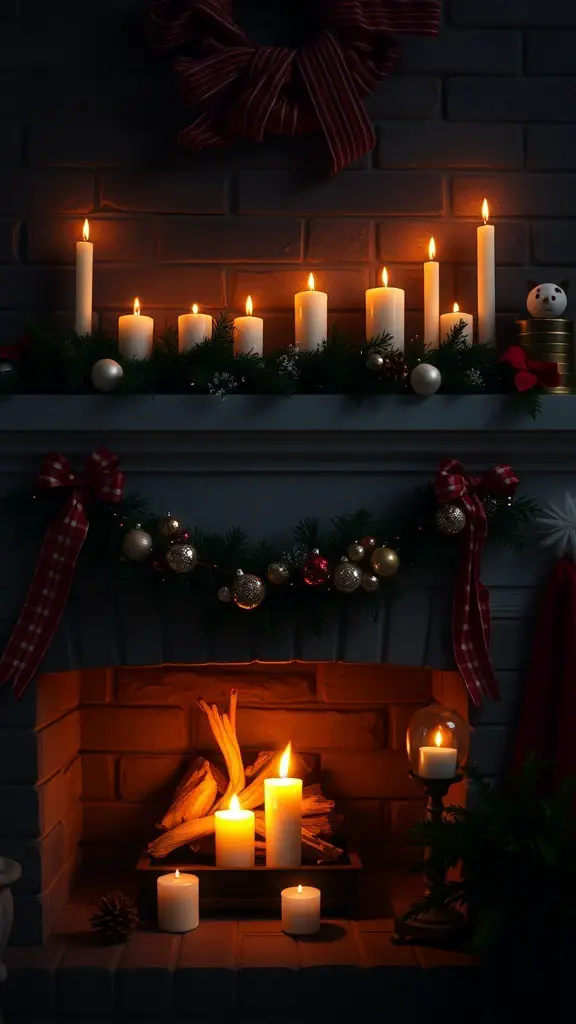 A beautifully decorated fireplace with candles and festive decorations for Christmas.