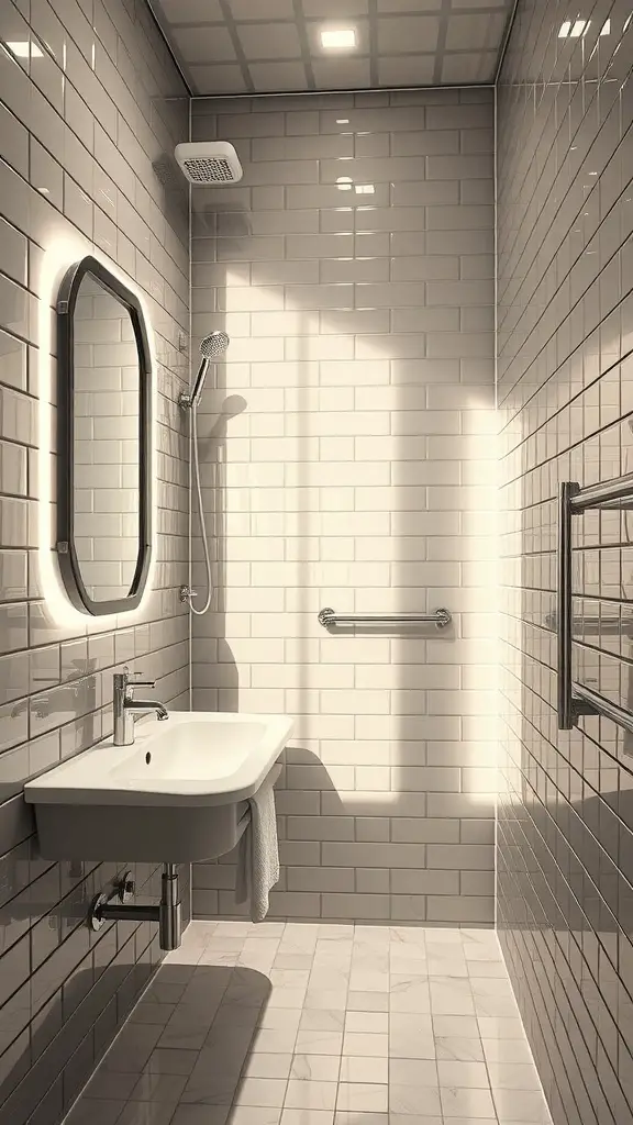 29+ Stylish Small Bathroom Mirror Ideas to Elevate Your Space 13 A small bathroom featuring mirrored tiles and a stylish mirror, showcasing a modern design.