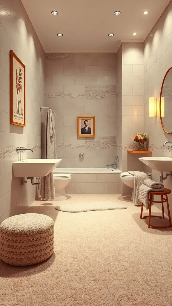 29+ Stunning Bathroom Flooring Ideas to Transform Your Space 16 A cozy bathroom with soft carpet tiles, featuring neutral tones and stylish decor.