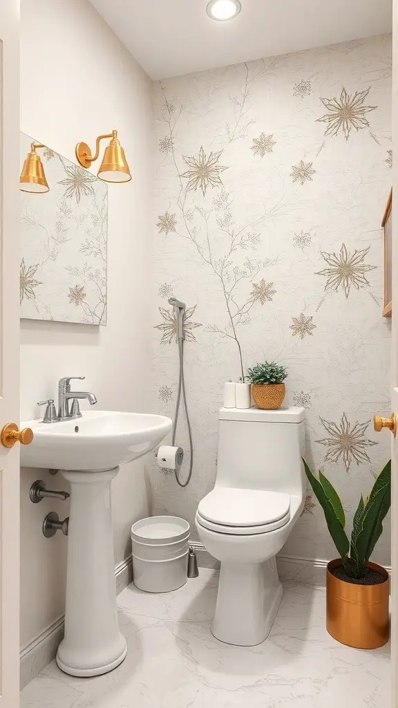 29+ Stunning Powder Room Ideas to Elevate Your Space 13 A stylish powder room featuring floral wallpaper, a pedestal sink, and decorative lighting.