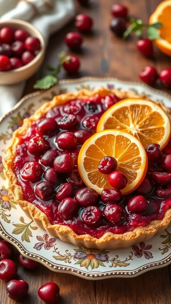 27+ Delightful Thanksgiving Desserts You Need to Try 6 A beautiful cranberry orange tart topped with orange slices and surrounded by fresh cranberries.