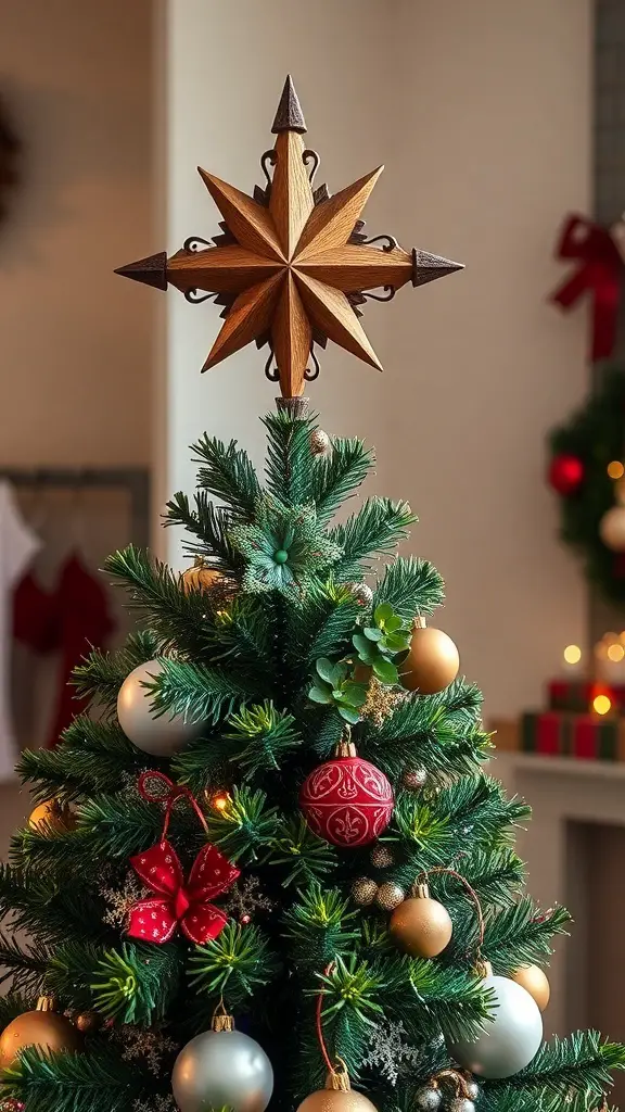 A beautifully crafted wooden star tree topper on a decorated Christmas tree.