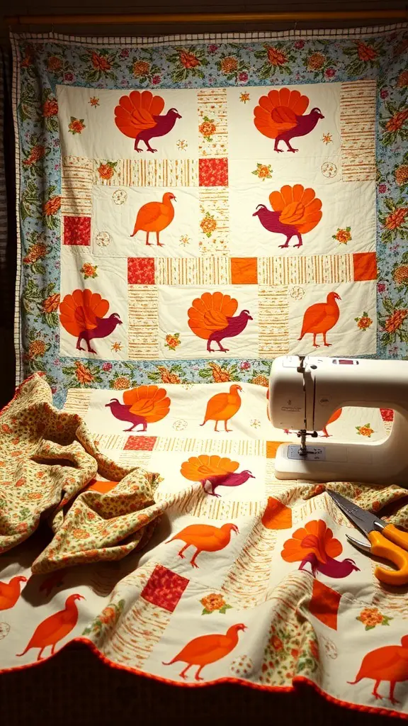 27+ Creative Turkey Crafts for Adults to Celebrate Thanksgiving 7 A colorful turkey-themed quilt in progress, featuring various turkey designs and a sewing machine.