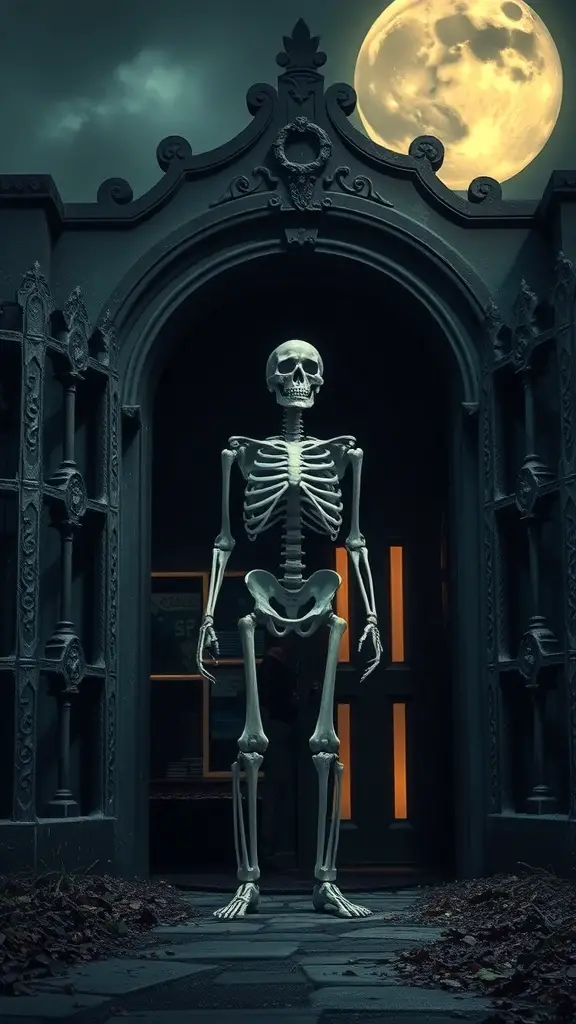 A giant skeleton standing at the entrance of a house with a full moon in the background.