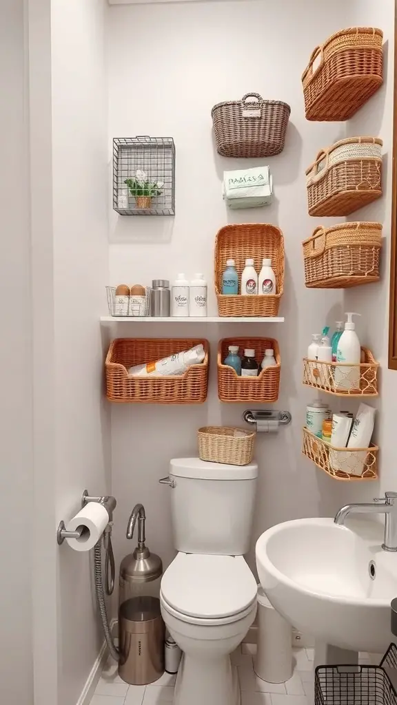 25+ Clever Hidden Storage Ideas for Your Bathroom 6 A bathroom with wall-mounted baskets for storage, showcasing a neat and organized space.
