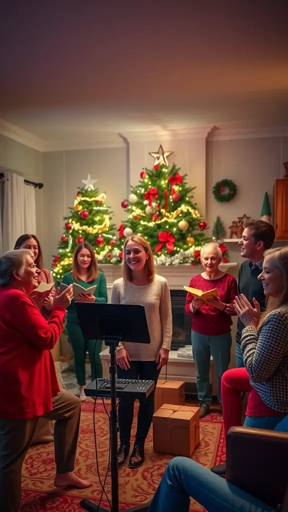 A group of people enjoying a Christmas karaoke session, singing and celebrating together.