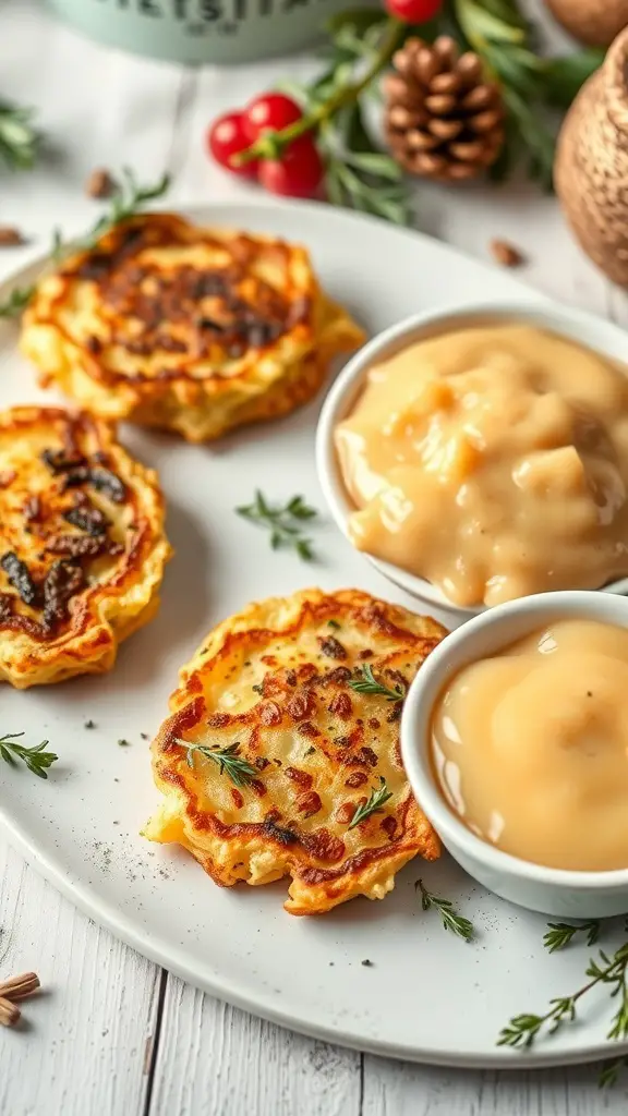 25+ Must-Have Dishes for Your Christmas Dinner Buffet 16 A plate of crispy potato latkes served with applesauce, garnished with herbs.