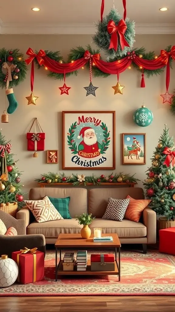 25+ Creative Christmas Decor Ideas for Your Living Room 5 A cozy living room decorated for Christmas with whimsical wall art, garlands, and festive colors.
