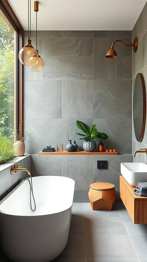 25+ Stunning Master Bath Ideas to Transform Your Space 10 A modern master bath featuring eco-friendly design elements, natural light, and plants.