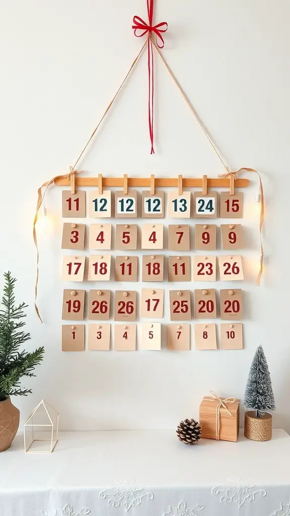 Minimalist advent calendar with numbered cards hanging from a wooden frame