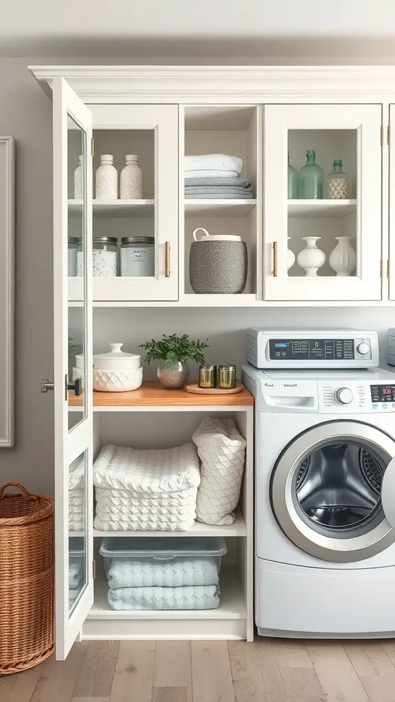 25+ Stunning Laundry Room Cabinet Ideas for a Chic and Organized Space 13 Laundry room with glass front cabinets displaying neatly folded towels and decorative jars.